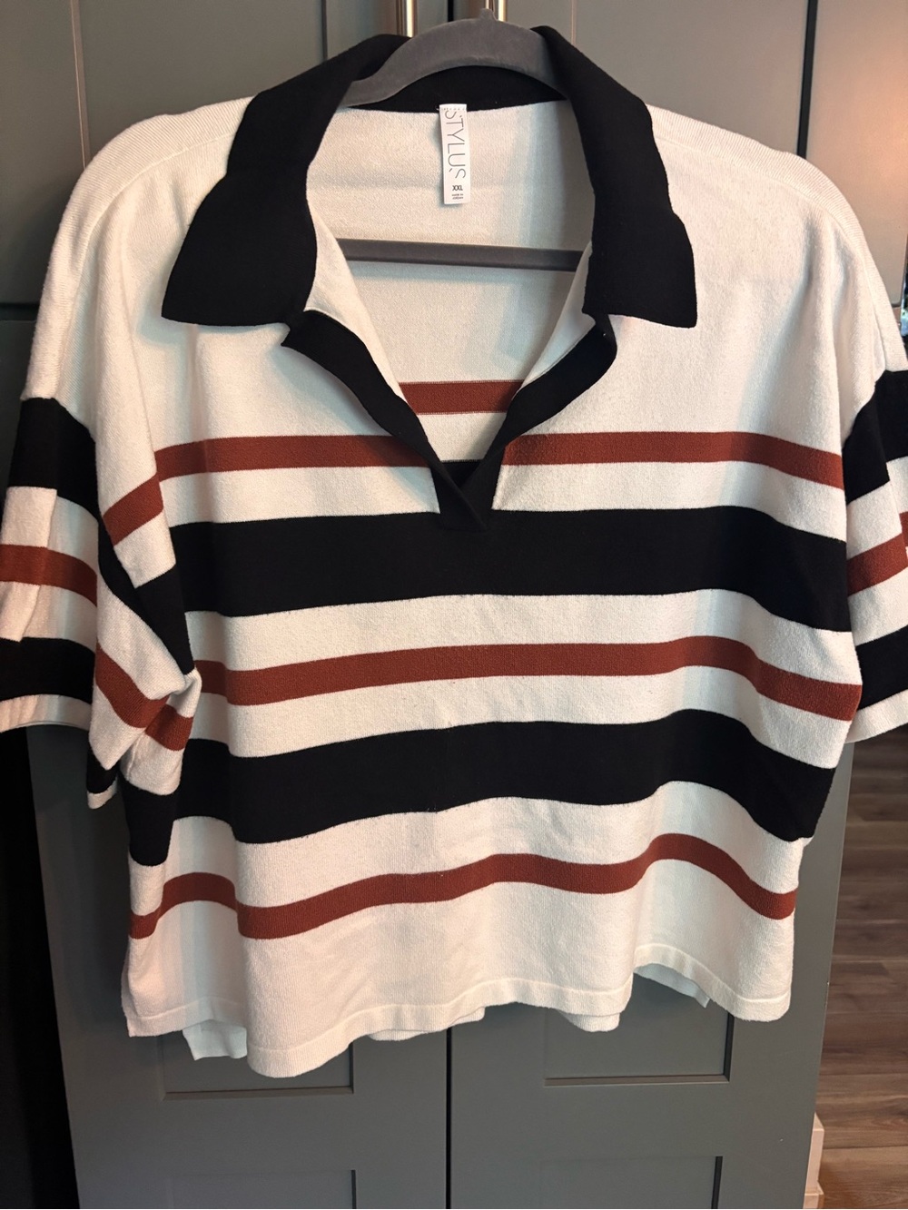 STYLUS Cream, Black & Rust Striped Polo Top